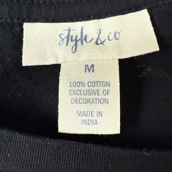 Style & Co Women’s T-Shirt Medium Black Cotton Colorful Floral Embroidered - Picture 3 of 6